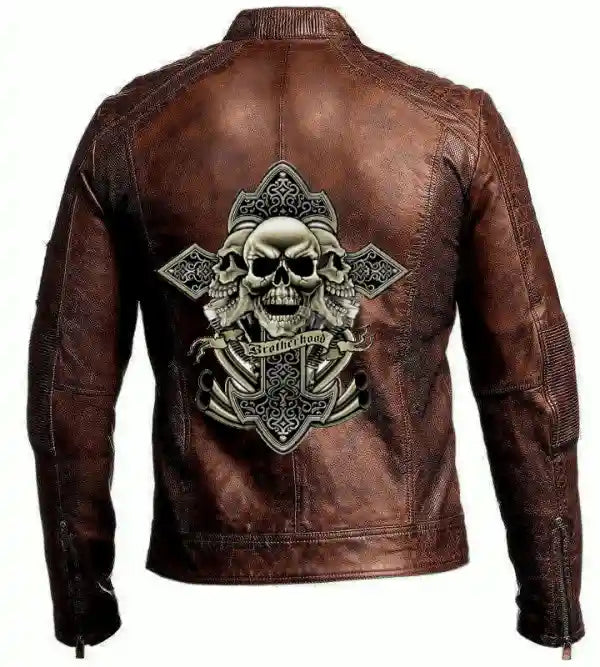 Mens Vintage Biker Motorcycle Distressed Brown Cafe Racer Brotherhood Leather Jacket