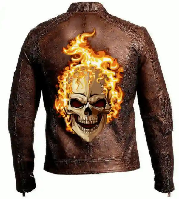 Mens Vintage Biker Motorcycle Brown Cafe Racer Fire Skull Leather Jacket