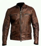 Mens Vintage Skull Motorcycle Brown Cafe Racer Leather Jacket