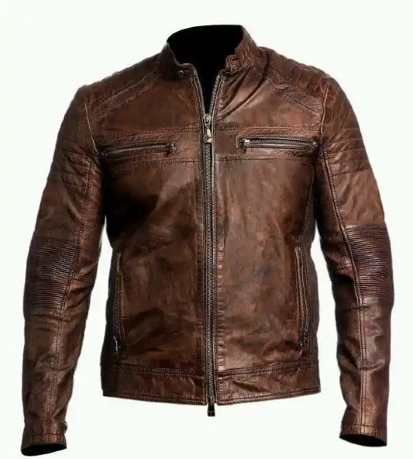 Mens Vintage Biker Motorcycle Distressed Brown Cafe Racer Angle Leather Jacket