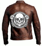 Mens Vintage Skull Motorcycle Brown Cafe Racer Leather Jacket