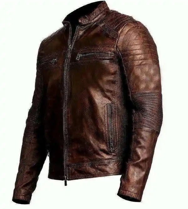 Mens Vintage Biker Motorcycle Brown Cafe Racer Eagle Leather Jacket