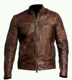 Mens Vintage Biker Motorcycle Distressed Brown Cafe Racer Brotherhood Leather Jacket