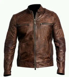 Mens Cafe Racer Biker Vintage Motorcycle Brown Distressed Leather Jacket