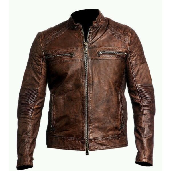 Mens Vintage Biker Motorcycle Distressed Brown Cafe Racer triple skull Leather Jacket