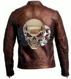 Mens Vintage Biker Motorcycle Distressed Brown Cafe Racer triple skull Leather Jacket