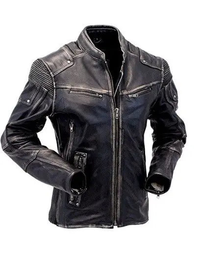 Mens Vintage Biker Style Motorcycle Cafe Racer Distressed Genuine Leather Jacket