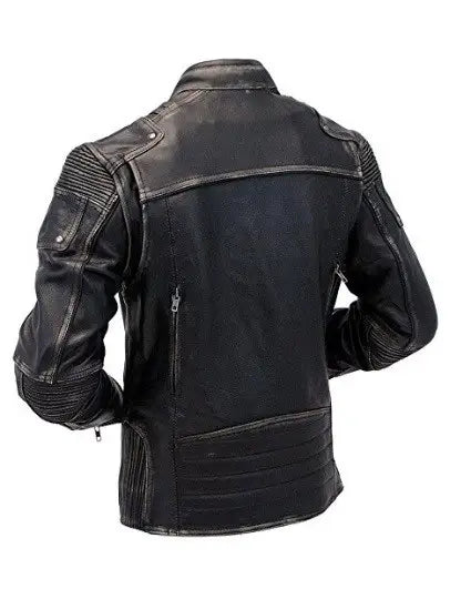 Mens Vintage Biker Style Motorcycle Cafe Racer Distressed Genuine Leather Jacket