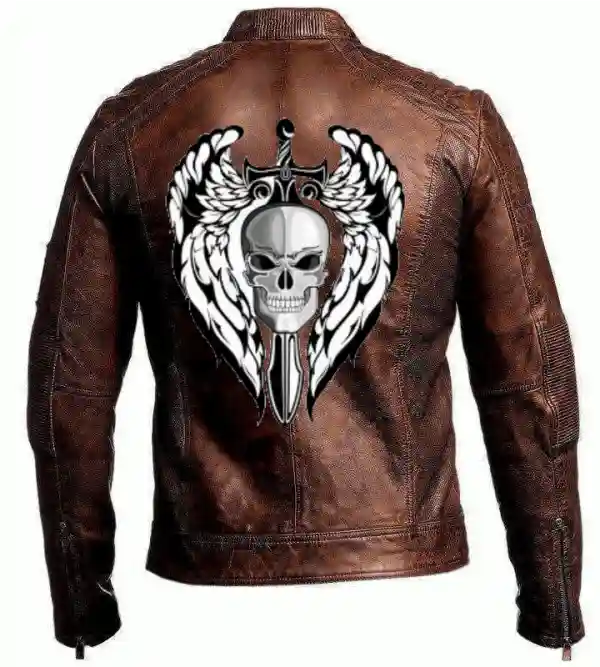 Mens Vintage Motorcycle Distressed Brown Cafe Racer Skull Leather Jacket