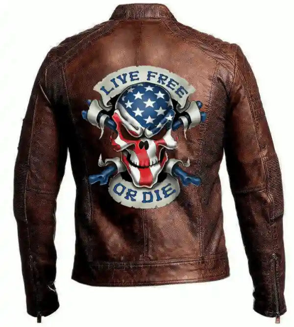 Mens Vintage USA Biker Motorcycle Brown Cafe Racer Skull Leather Jacket