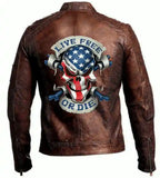Mens Vintage USA Biker Motorcycle Brown Cafe Racer Skull Leather Jacket