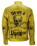 Men Devil Skull Vintage Biker Motorcycle Yellow Leather Jacket