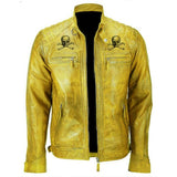 Men Devil Skull Vintage Biker Motorcycle Yellow Leather Jacket