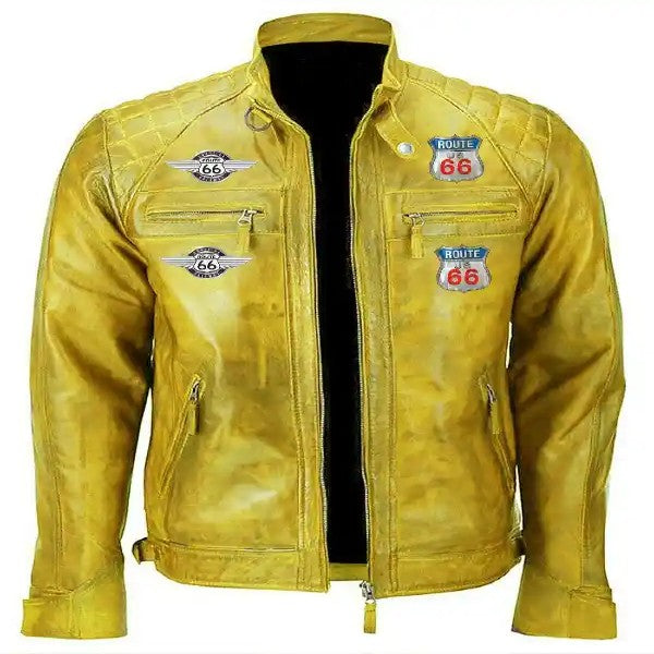 Men Yellow Vintage Biker Motorcycle Route 66 Leather Jacket