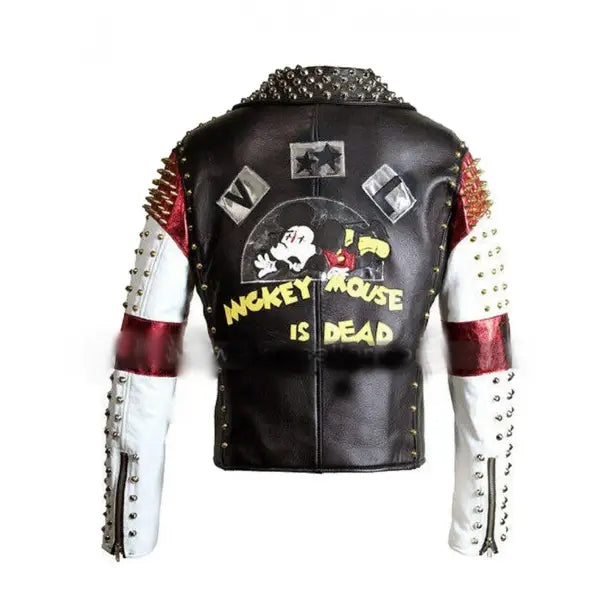 Blue Leather Mickey Mouse Jacket with Spikes For Men