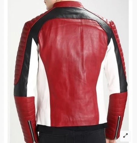 RED QUILTED LEATHER BIKER JACKET FOR MEN