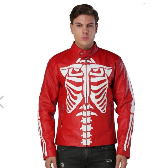 Red Leather Jacket For Men with Skeleton