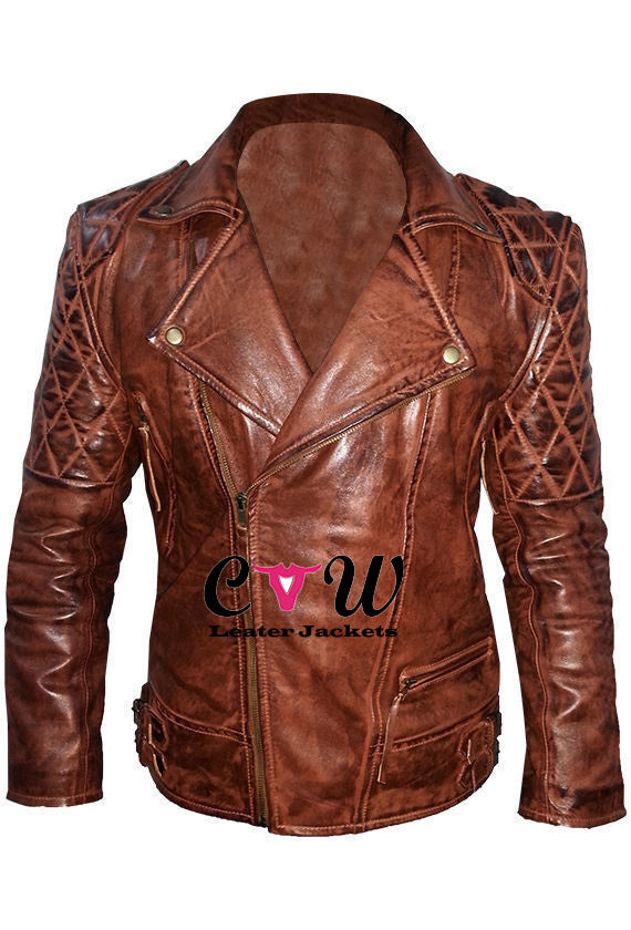Rustic Vintage Quilted Biker Leather Jacket