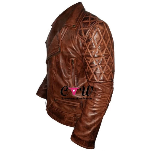 Rustic Vintage Quilted Biker Leather Jacket
