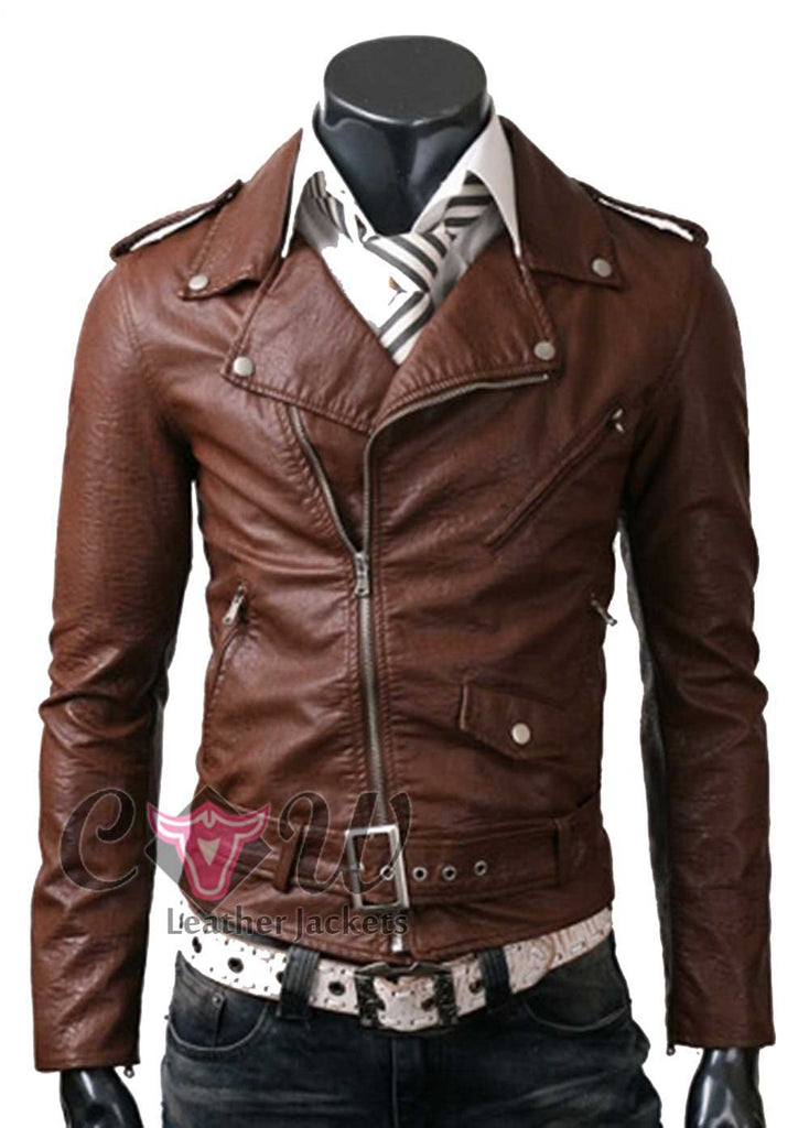 Slim Fit Brown Belted Rider Leather Jacket