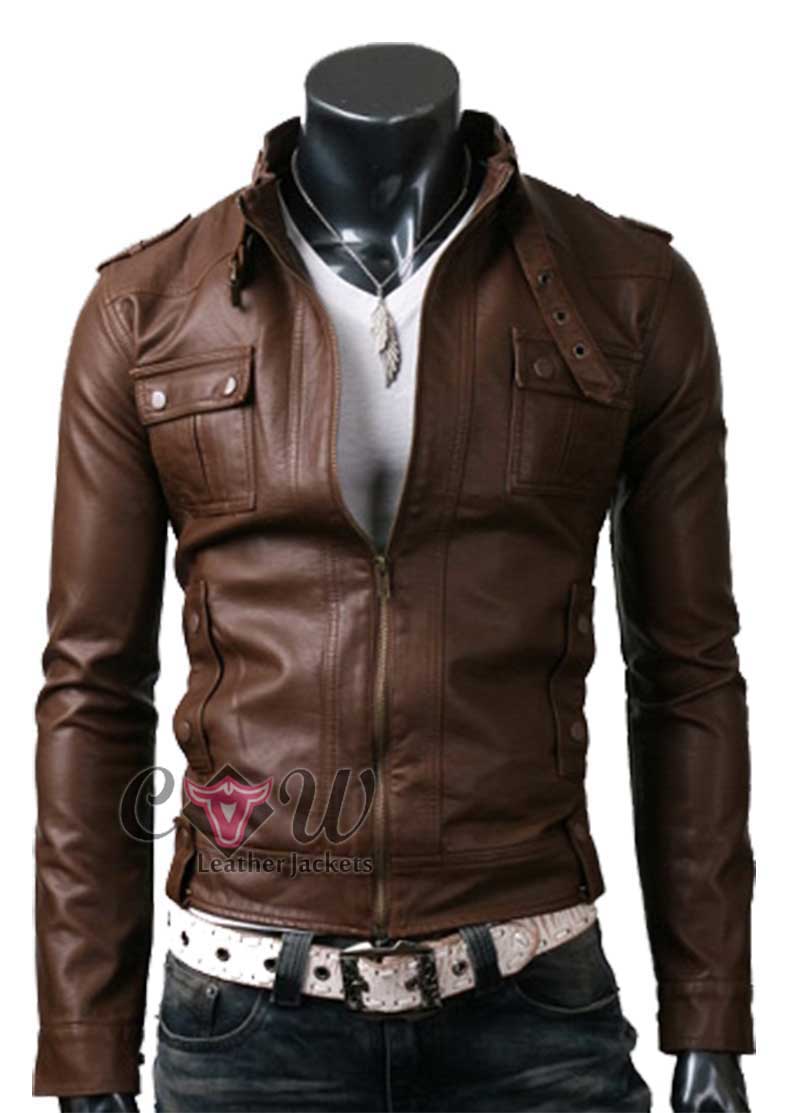 Slim Fit Brown Strap Pocket Rider Leather Jacket