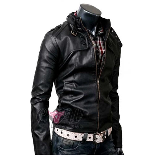 Slim Fit Button Pocket Black Zipper Leather Jacket