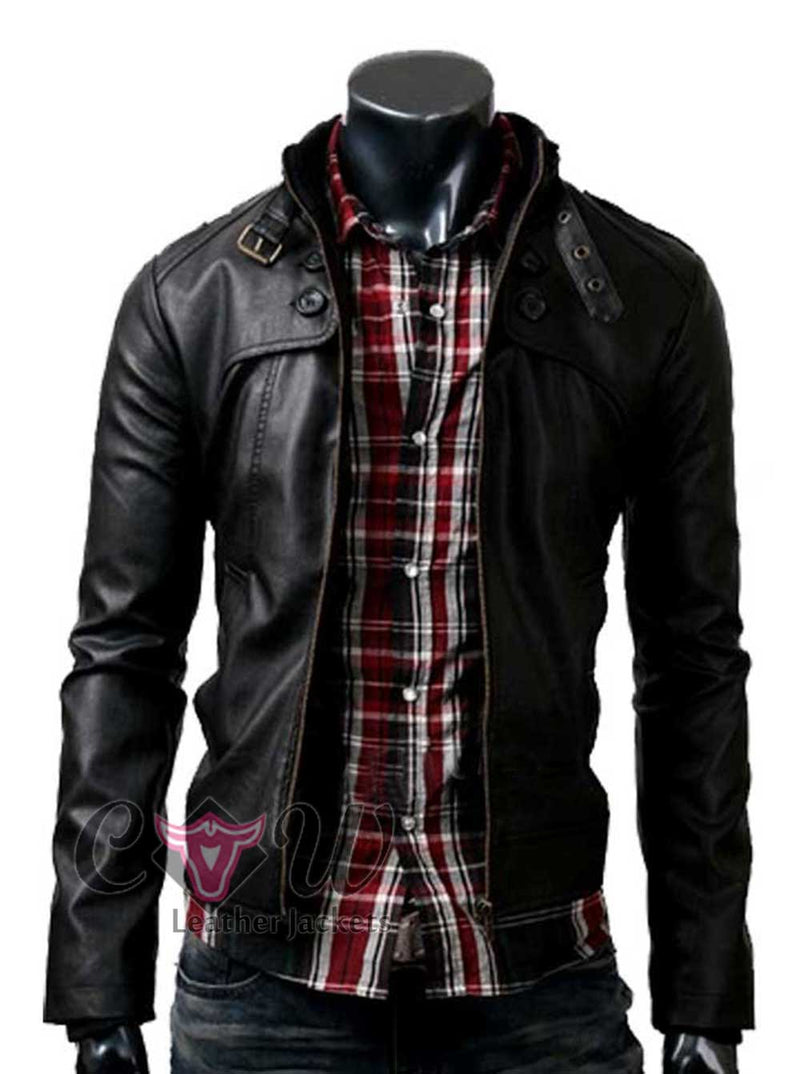 Slim Fit Button Pocket Black Zipper Leather Jacket