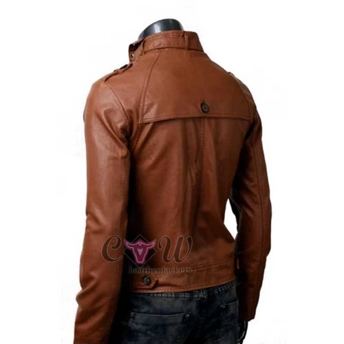 Slim Fit Button Pocket Brown Leather Jacket