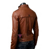 Slim Fit Button Pocket Brown Leather Jacket