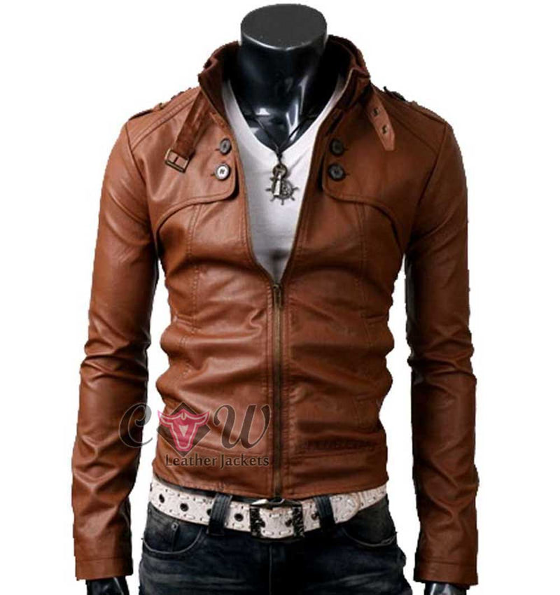 Slim Fit Button Pocket Brown Leather Jacket