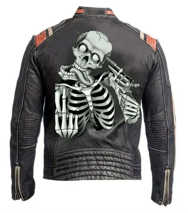 VINTAGE BIKER LEATHER SKULL JACKET WITH GUN FOR MEN