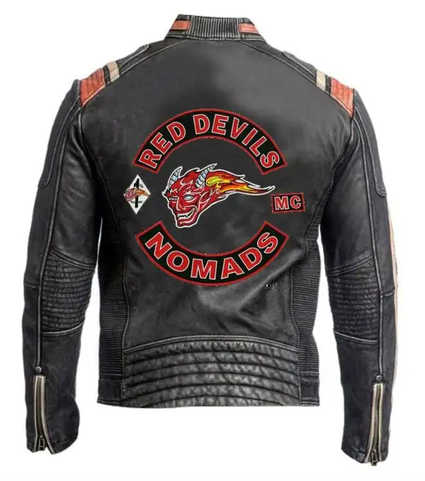 MENS VINTAGE RED DEVILS LEATHER JACKET BLACK BIKER