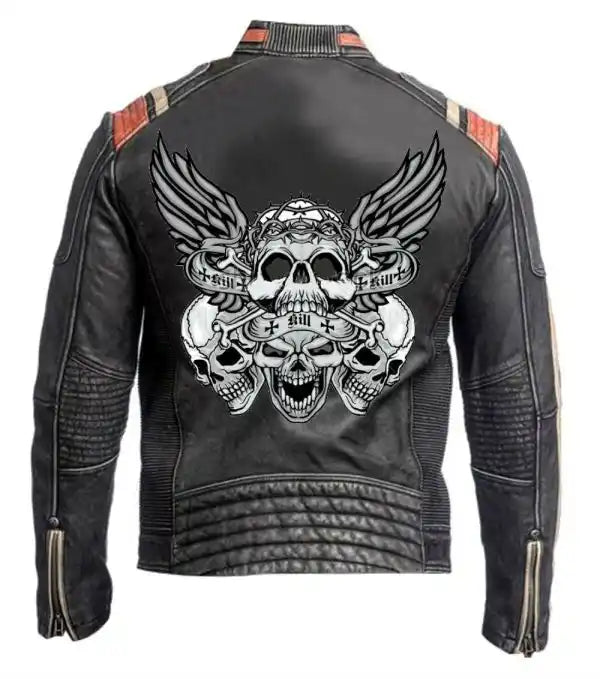 VINTAGE RACER LEATHER JACKET BLACK BIKER FOR MENS