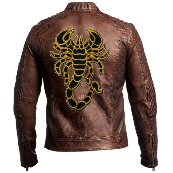 Vintage Scorpion Motorcycle Brown Cafe Racer Leather Jacket