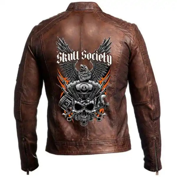 Vintage Skull Society Motorcycle Brown Cafe Racer Leather Jacket