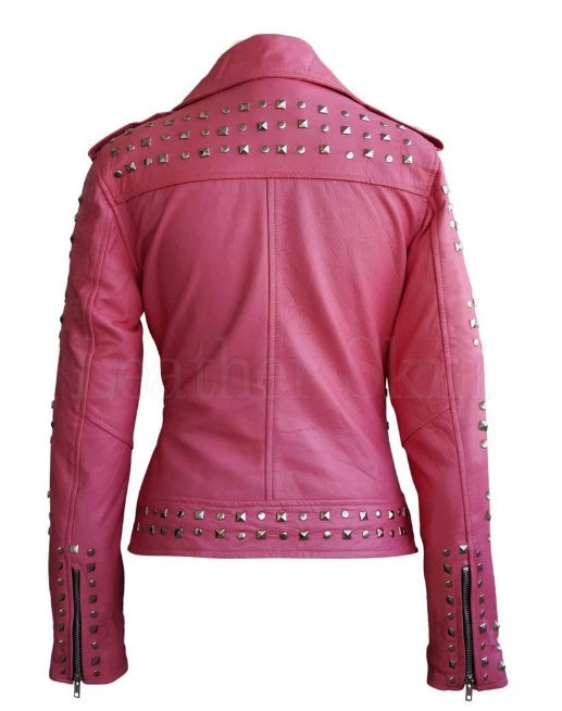 Women Pink Studded Studs Genuine Leather Jacket