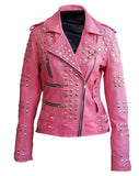Women Pink Studded Motorcycle Leather Jacket