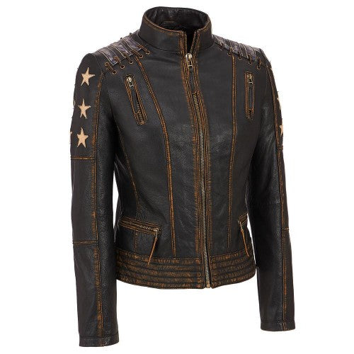 Black Rivet Womens Distressed Stars Stripes Leather Jacket