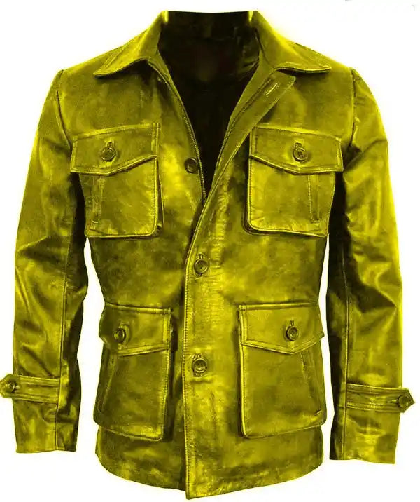 Yellow Vintage Front Button Closure Leather Coats For Men