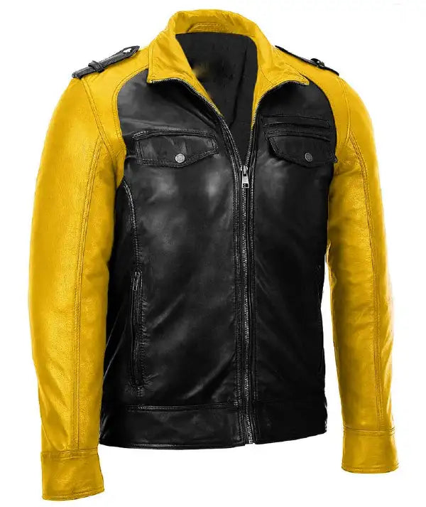 Yellow and Black Motorbike Leather Jacket For Men