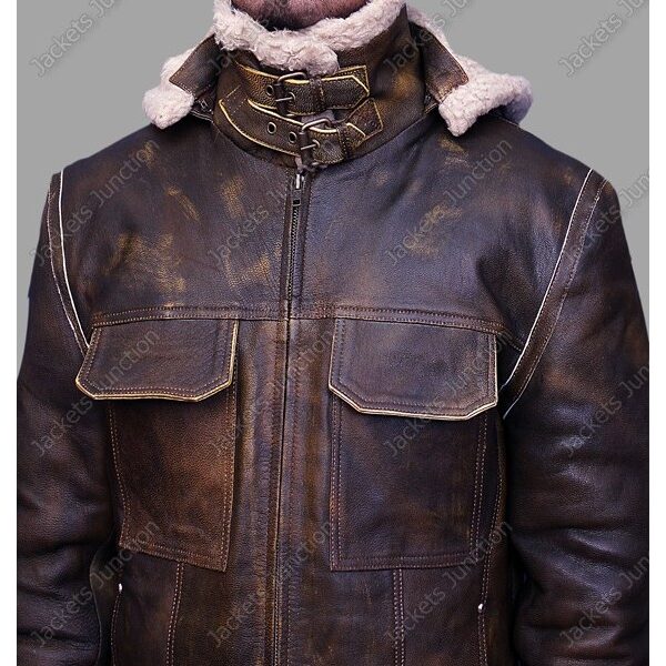 Distressed Dark Brown Leather jacket With Hoodie for mens Faux Fur