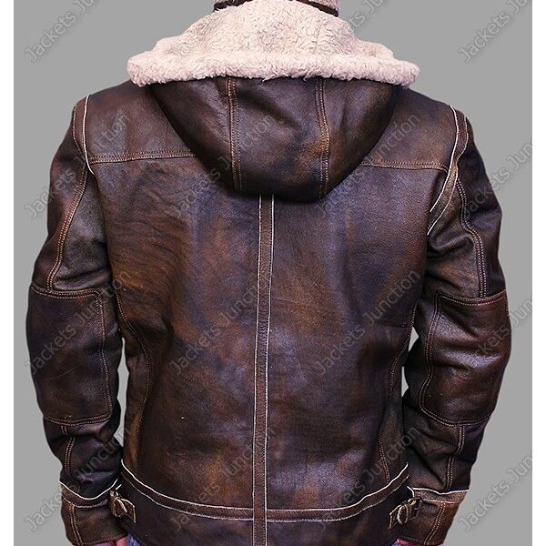 Distressed Dark Brown Leather jacket With Hoodie for mens Faux Fur