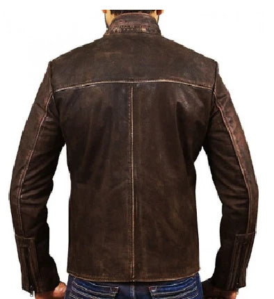 Brown distressed motorcycle leather jacket