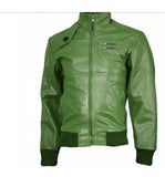 Green bomber leather jacket