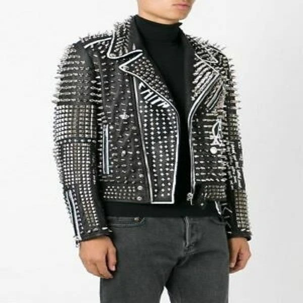 Black Leather Jacket with Silver Spikes For Men