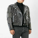 Black Leather Jacket with Silver Spikes For Men