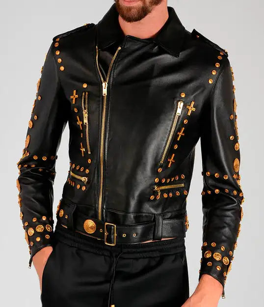 Black Punk Leather Biker Jacket For Men