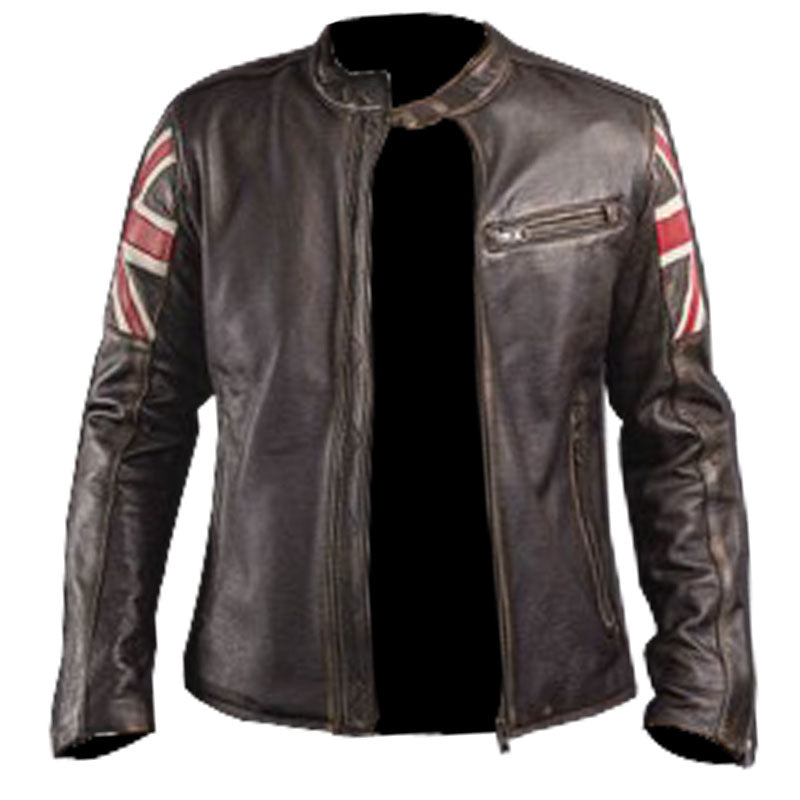 Mens Biker Vintage UK Flag Style Cafe Racer Jacket
