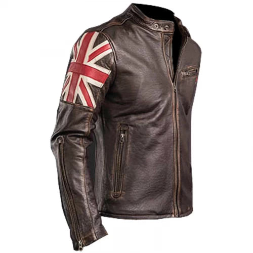 Mens Biker Vintage UK Flag Style Cafe Racer Jacket