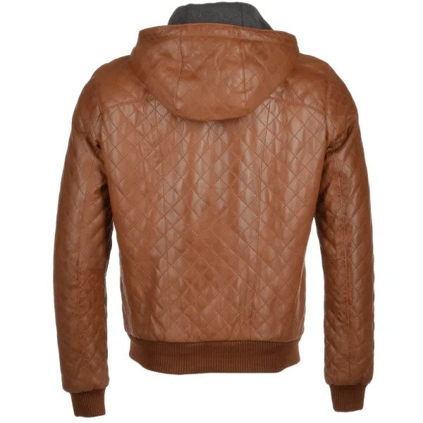 Mens tan leather bomber quilted jacket with hood